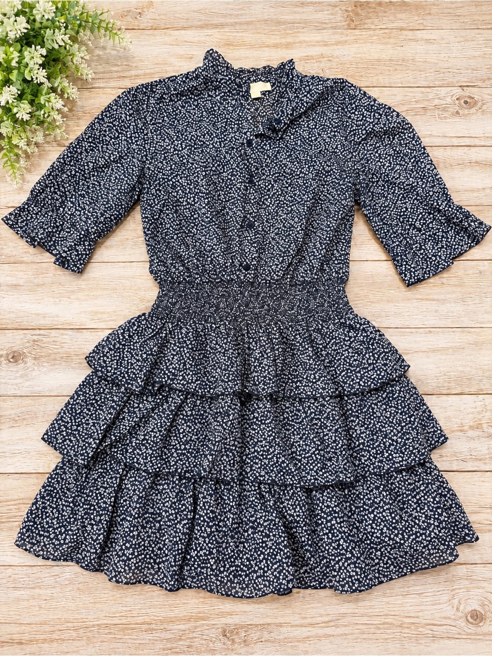 Michael Kors Navy and White Ruffle Tiered Floral Dress